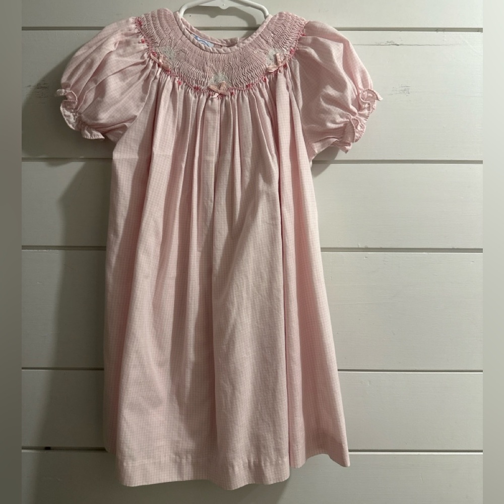 Vintage Bow Peep Smocked Dress Pink Gingham Embroidered Bunnies Size 24M